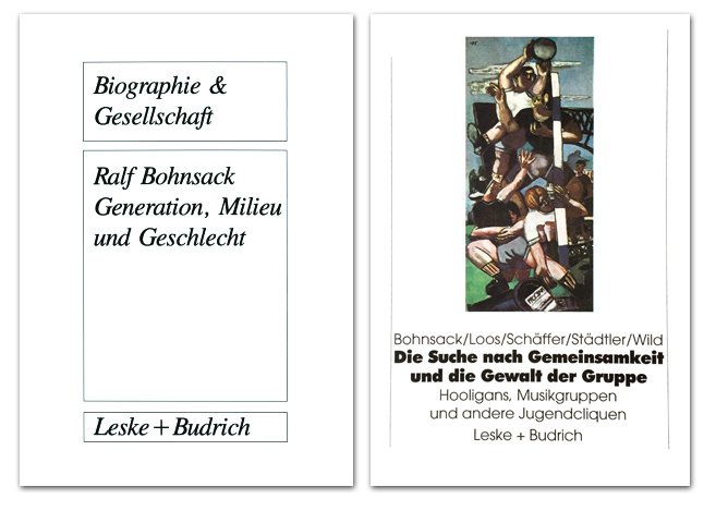 Book covers of Ralf Bohnsacks books "Generation, Milieu und Geschlecht" on the left, and "Die Suche nach Gemeinsamkeit und die Gewalt der Gruppe" on the right